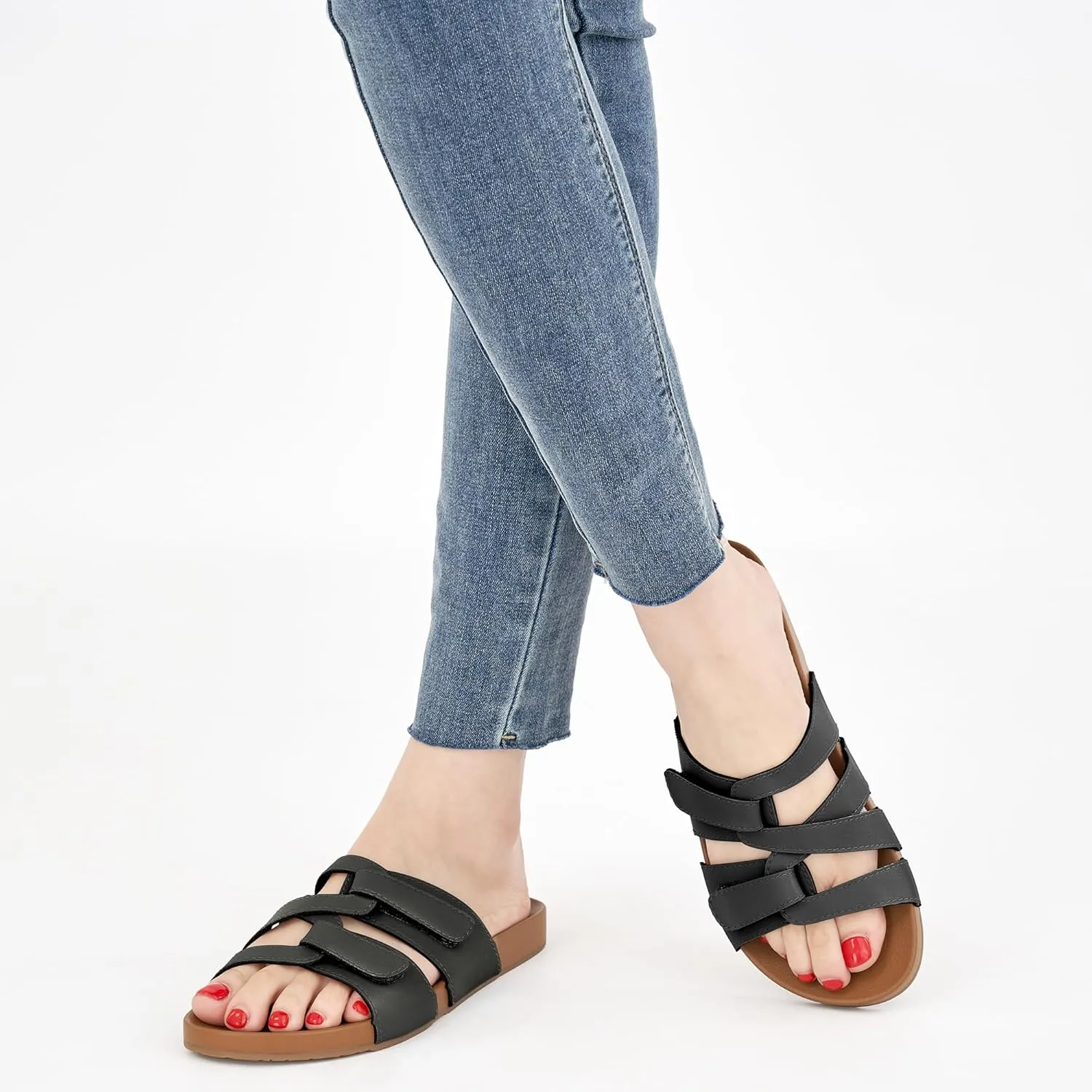 HARENCE Slides for Women Flat Sandals: Comfortable Flats with Adjustable Double Straps Womens Slip on Shoes for Summer Beach Walking