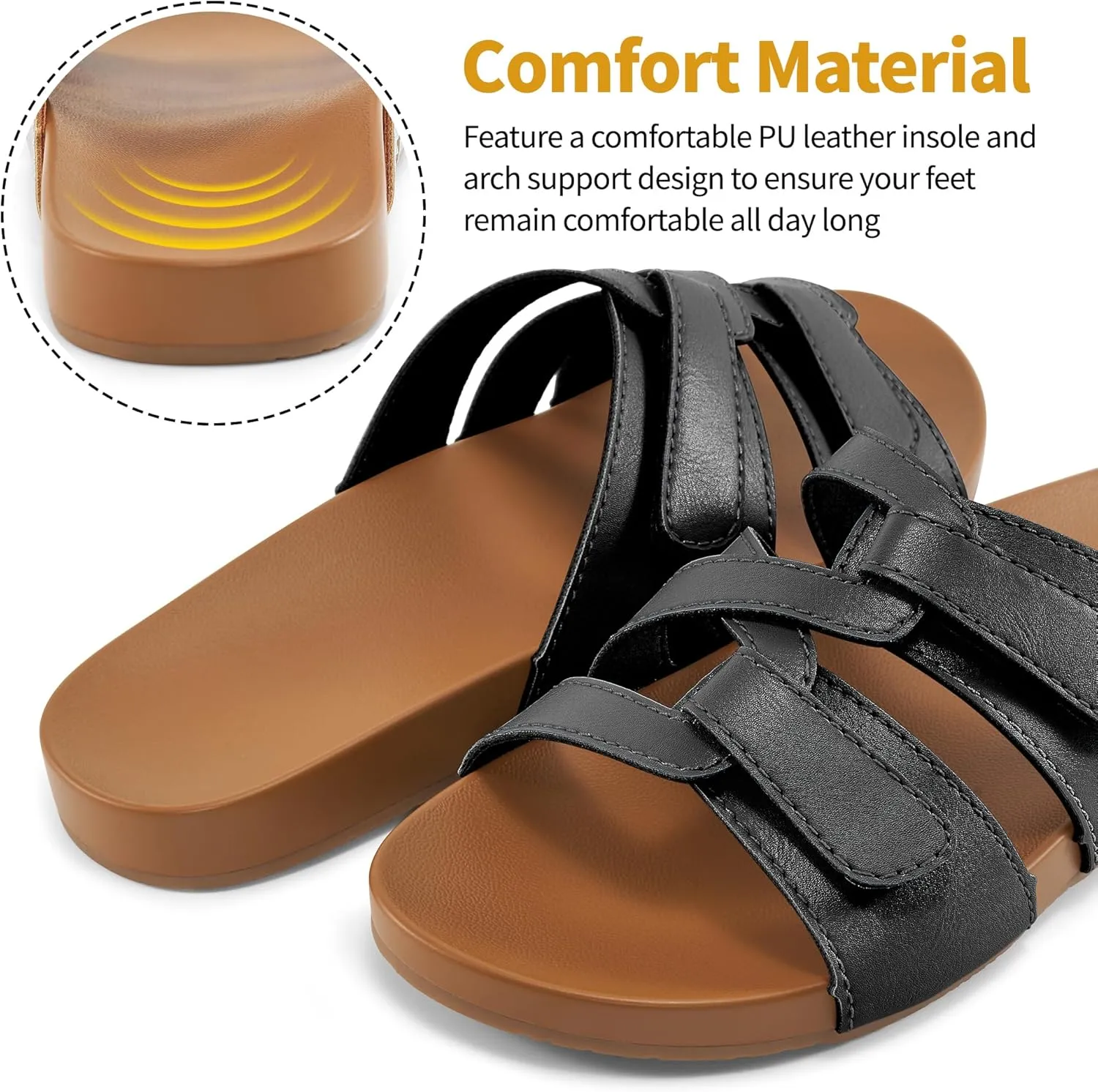 HARENCE Slides for Women Flat Sandals: Comfortable Flats with Adjustable Double Straps Womens Slip on Shoes for Summer Beach Walking
