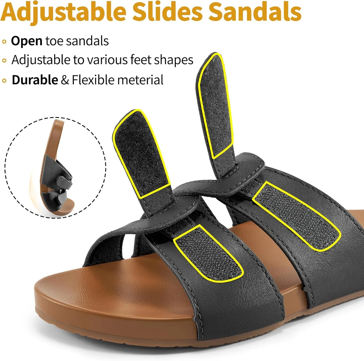 HARENCE Slides for Women Flat Sandals: Comfortable Flats with Adjustable Double Straps Womens Slip on Shoes for Summer Beach Walking