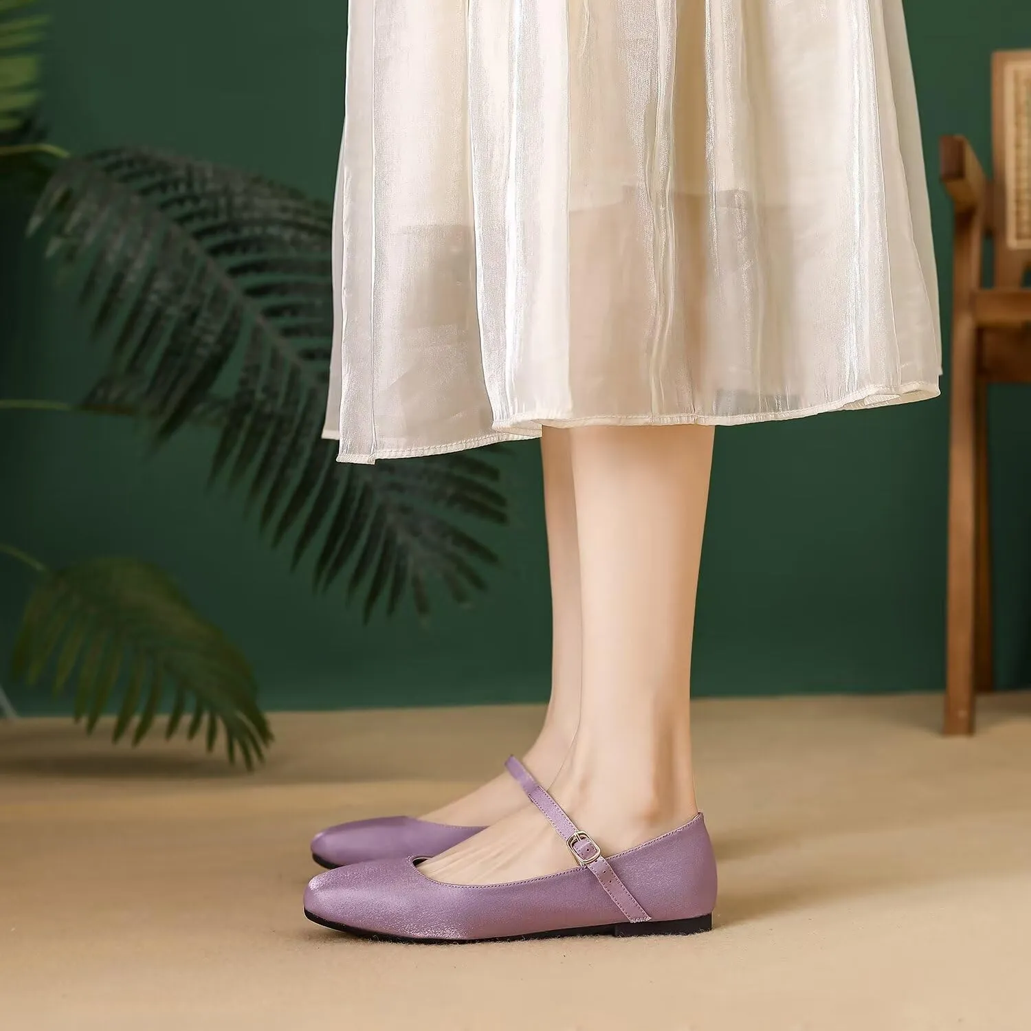 Hee grand Mary Jane Shoes for Women Comfortable Square Toe Ballet Flats with Straps Satin Dress Shoes