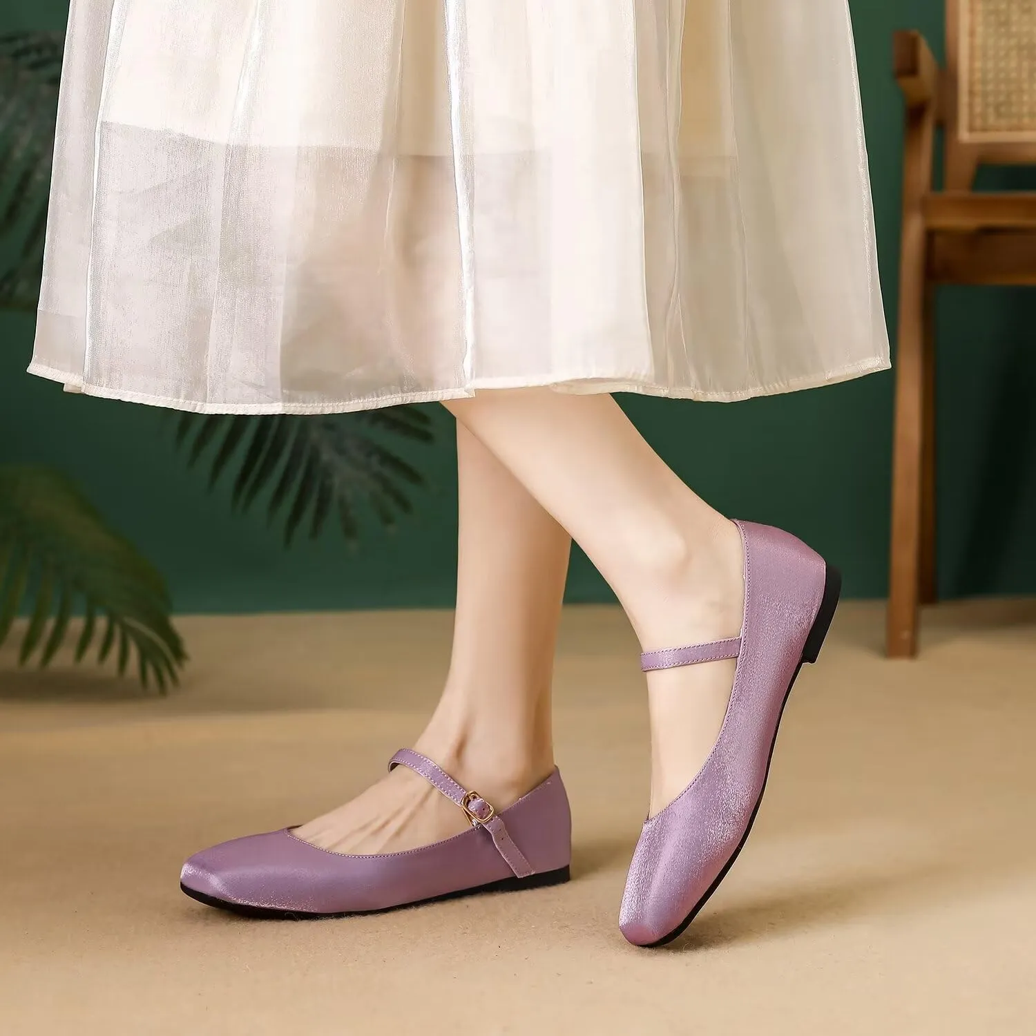 Hee grand Mary Jane Shoes for Women Comfortable Square Toe Ballet Flats with Straps Satin Dress Shoes