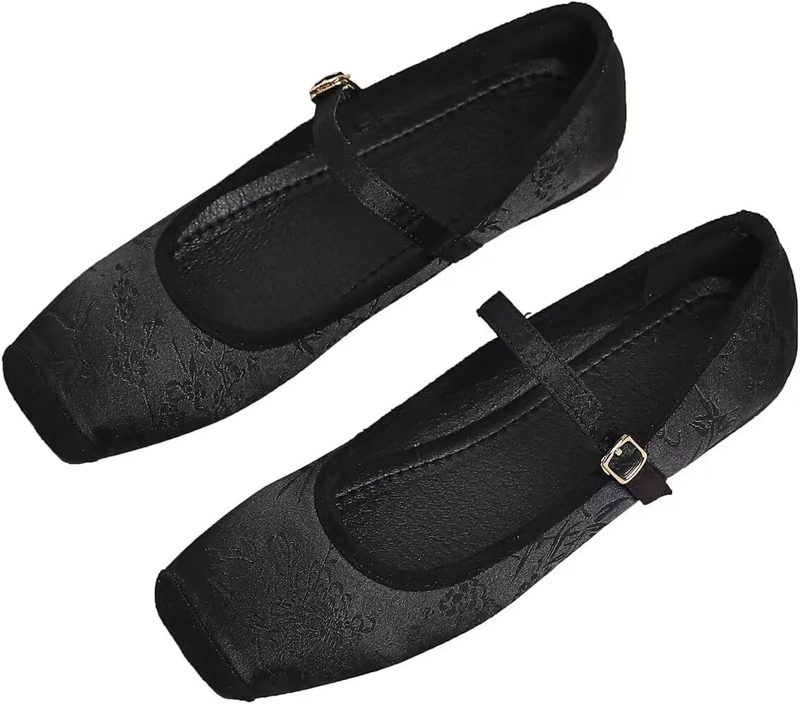 Hee grand Satin Embroidery Mary Jane Flats for Women Dressy Square Toe Ballet Flats with Ankle Strap Comfortable Walking Flats