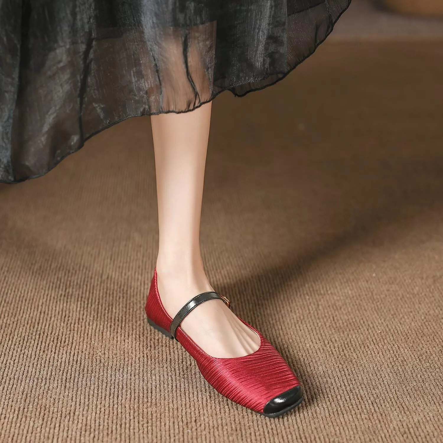 Hee grand Women Mary Jane Flats Shoes Square Toe Satin Dress Shoes Comfortable Casual Ballet Flats