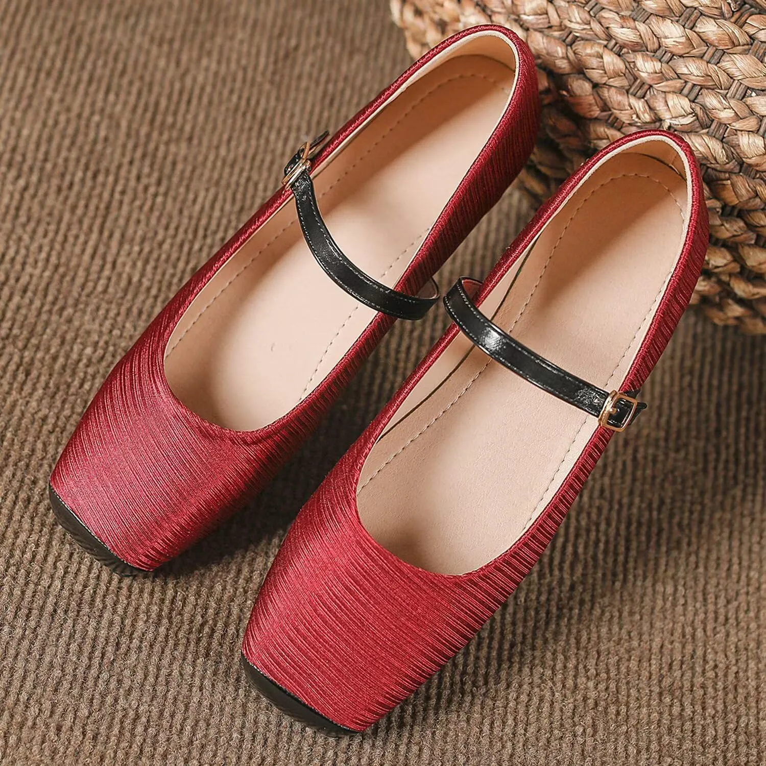 Hee grand Women Mary Jane Flats Shoes Square Toe Satin Dress Shoes Comfortable Casual Ballet Flats