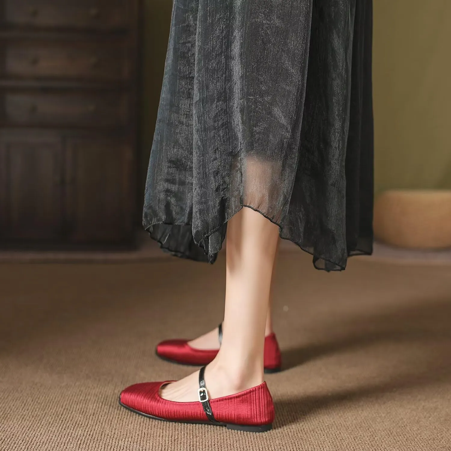Hee grand Women Mary Jane Flats Shoes Square Toe Satin Dress Shoes Comfortable Casual Ballet Flats