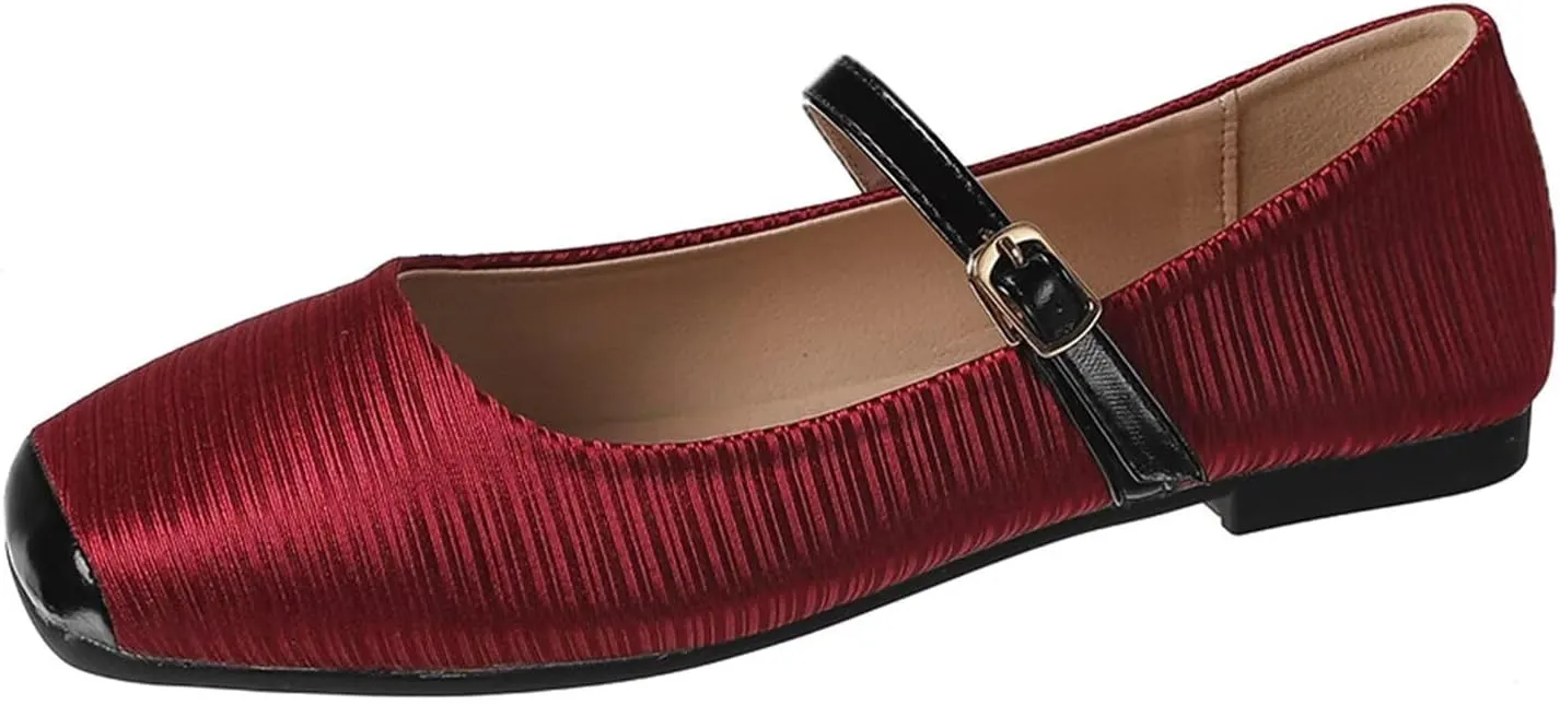 Hee grand Women Mary Jane Flats Shoes Square Toe Satin Dress Shoes Comfortable Casual Ballet Flats