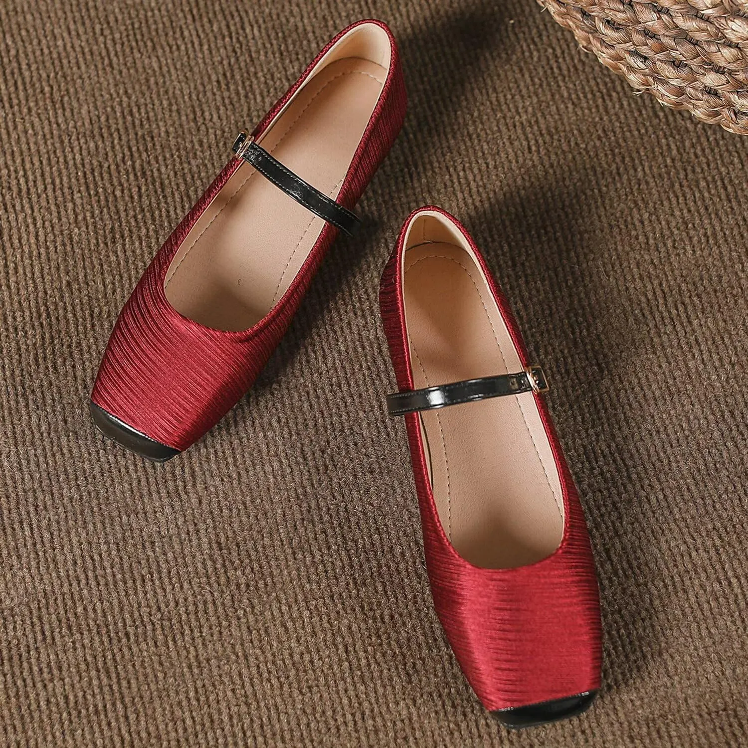 Hee grand Women Mary Jane Flats Shoes Square Toe Satin Dress Shoes Comfortable Casual Ballet Flats