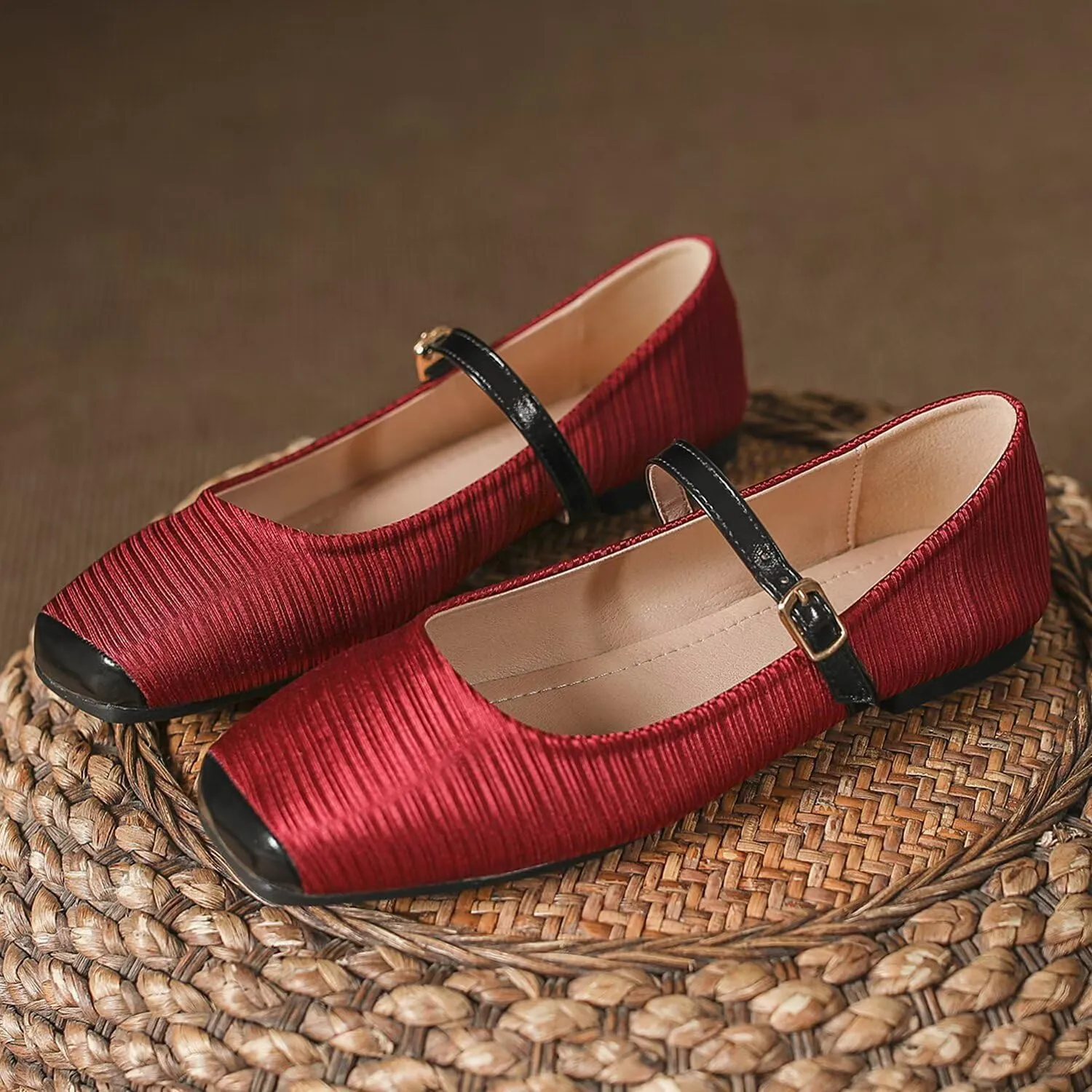 Hee grand Women Mary Jane Flats Shoes Square Toe Satin Dress Shoes Comfortable Casual Ballet Flats