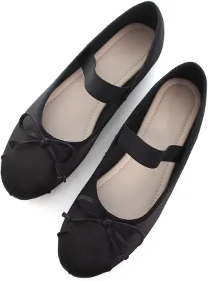 Hee grand Women's Cute Round Toe Ballerina Flats Bowknot Mary Jane Shoes Comfort Dancing Shoes Elegant Satin Dress Shoes