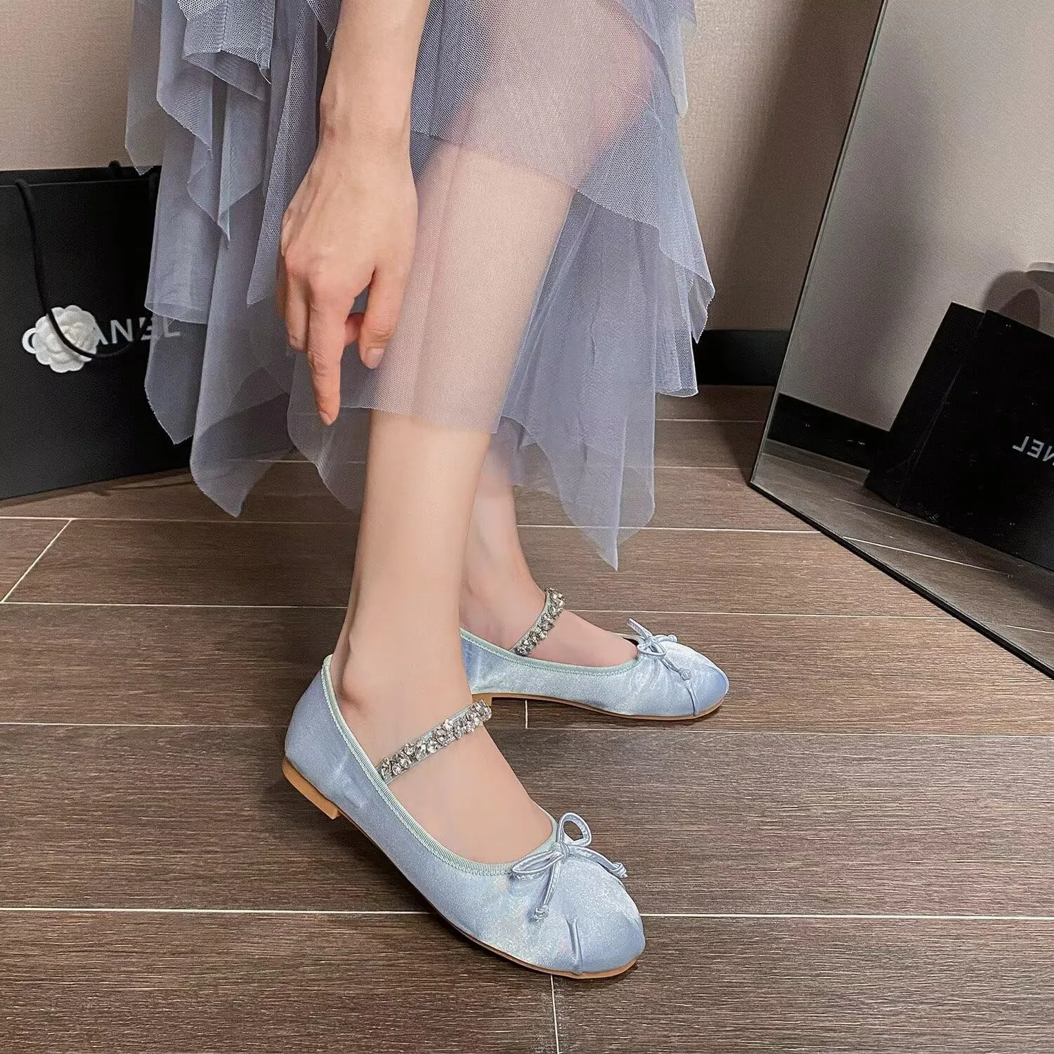 Hee grand Women's Mary Jane Shoes Satin Round Toe Ballerina Flats Fashion Sparkling Rhinestones Dress Shoes Comfort Dancing Shoes