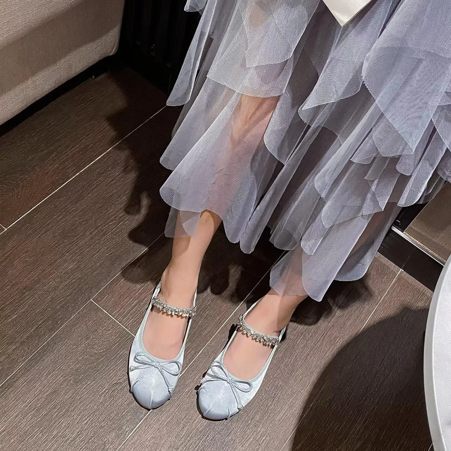Hee grand Women's Mary Jane Shoes Satin Round Toe Ballerina Flats Fashion Sparkling Rhinestones Dress Shoes Comfort Dancing Shoes