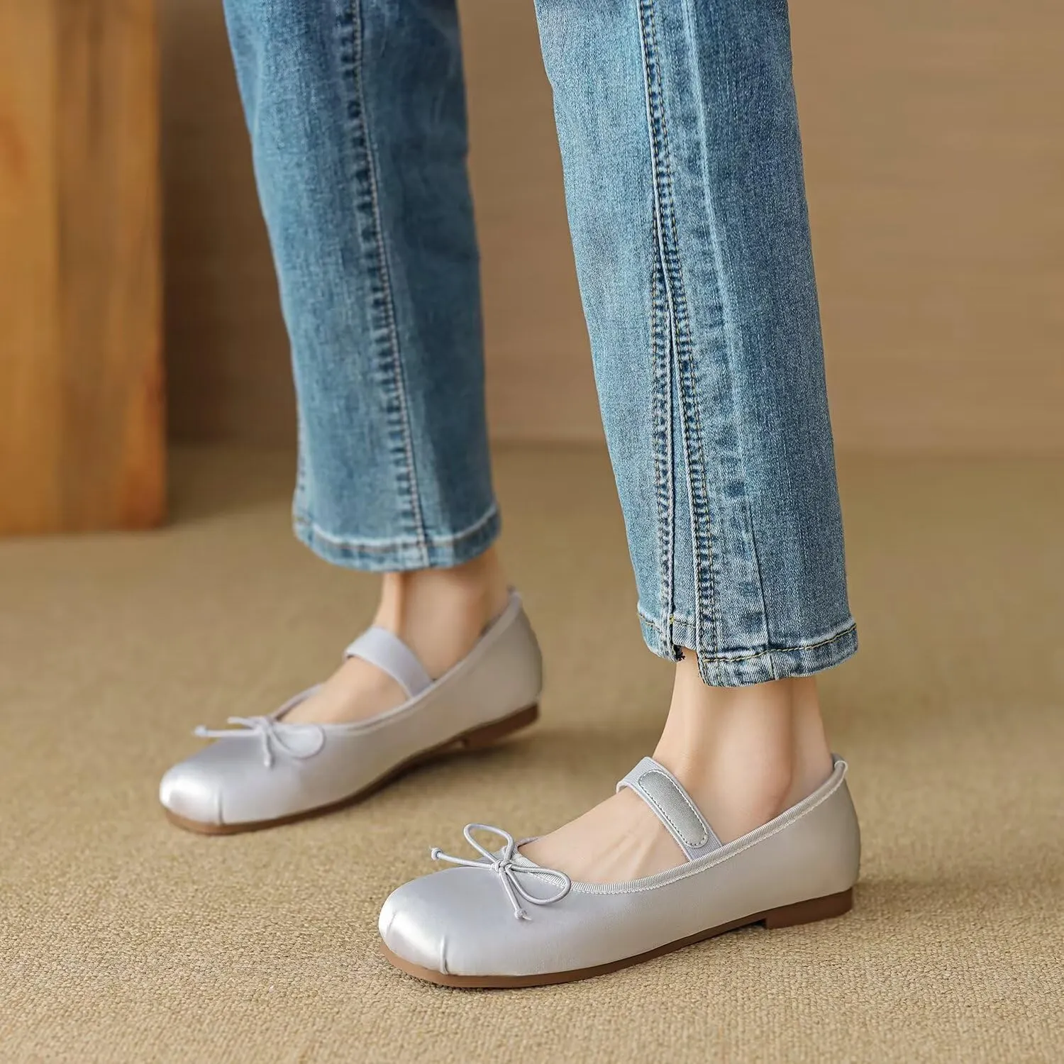 Hee grand Women's Mary Jane Shoes Satin Round Toe Ballerina Flats Fashion Sparkling Rhinestones Dress Shoes Comfort Dancing Shoes
