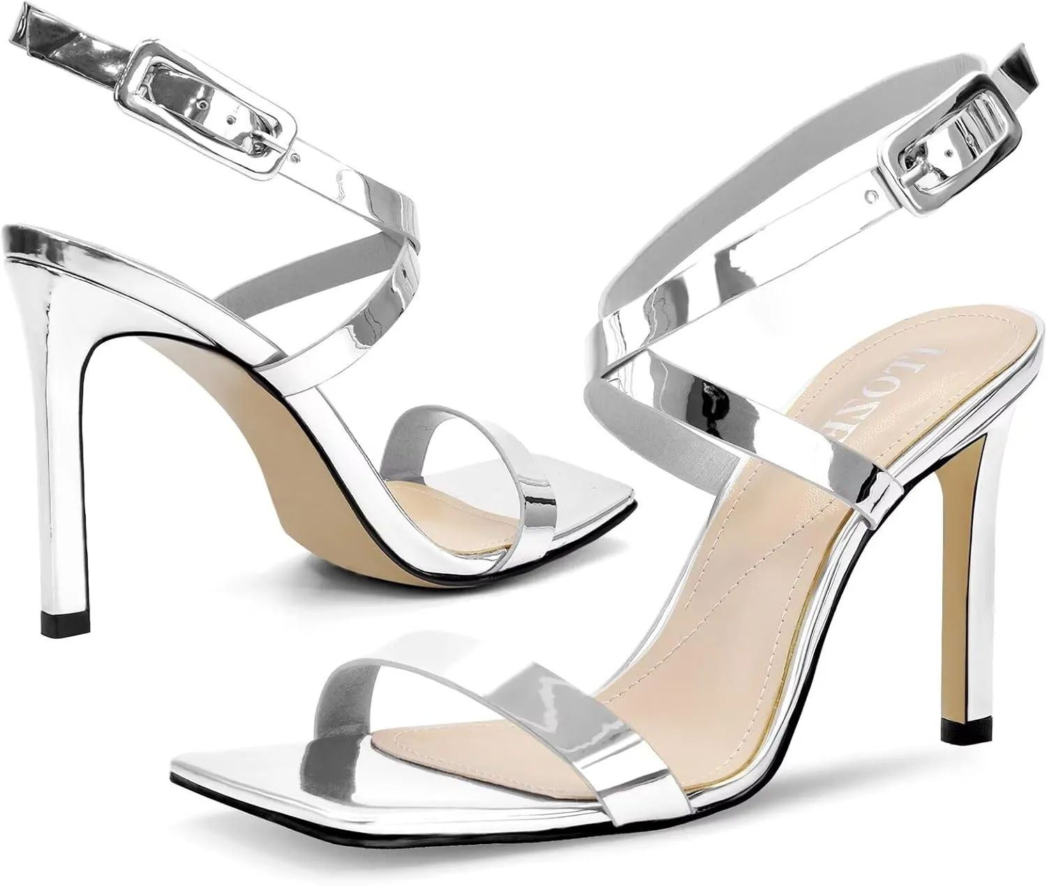 Heels For Women Stiletto High Heel Square Open Toe Slingback Dress Shoes for Women Adjustable Ankle Strap Heeled