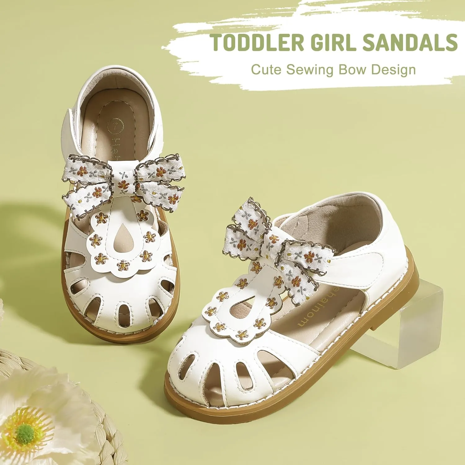 Hehainom Toddler Girls Sandals Closed Toe Bow Flower Girl Summer Shoes Little Kids Flats Sandals