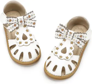 Hehainom Toddler Girls Sandals Closed Toe Bow Flower Girl Summer Shoes Little Kids Flats Sandals