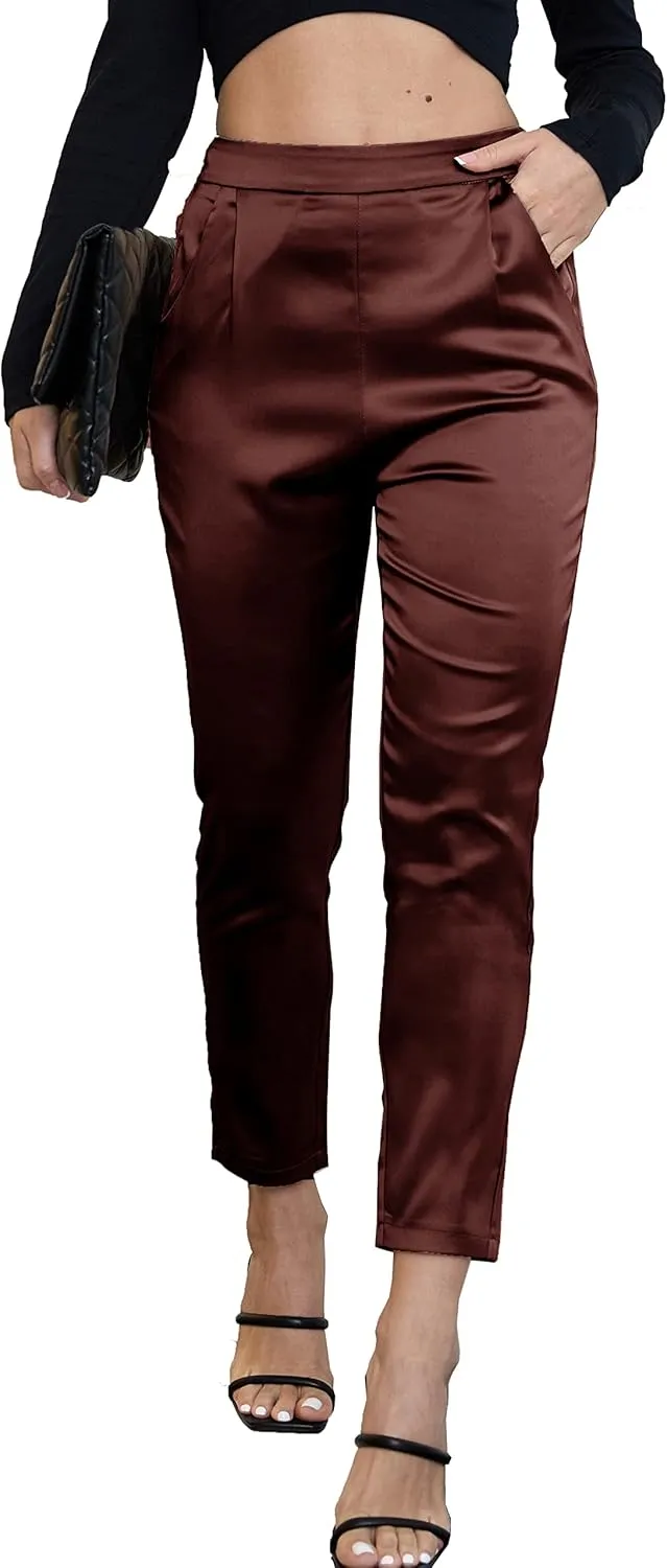 heipeiwa Women's Satin Pants Dress Casual Pleated Pull on High Waist Pants with Pockets