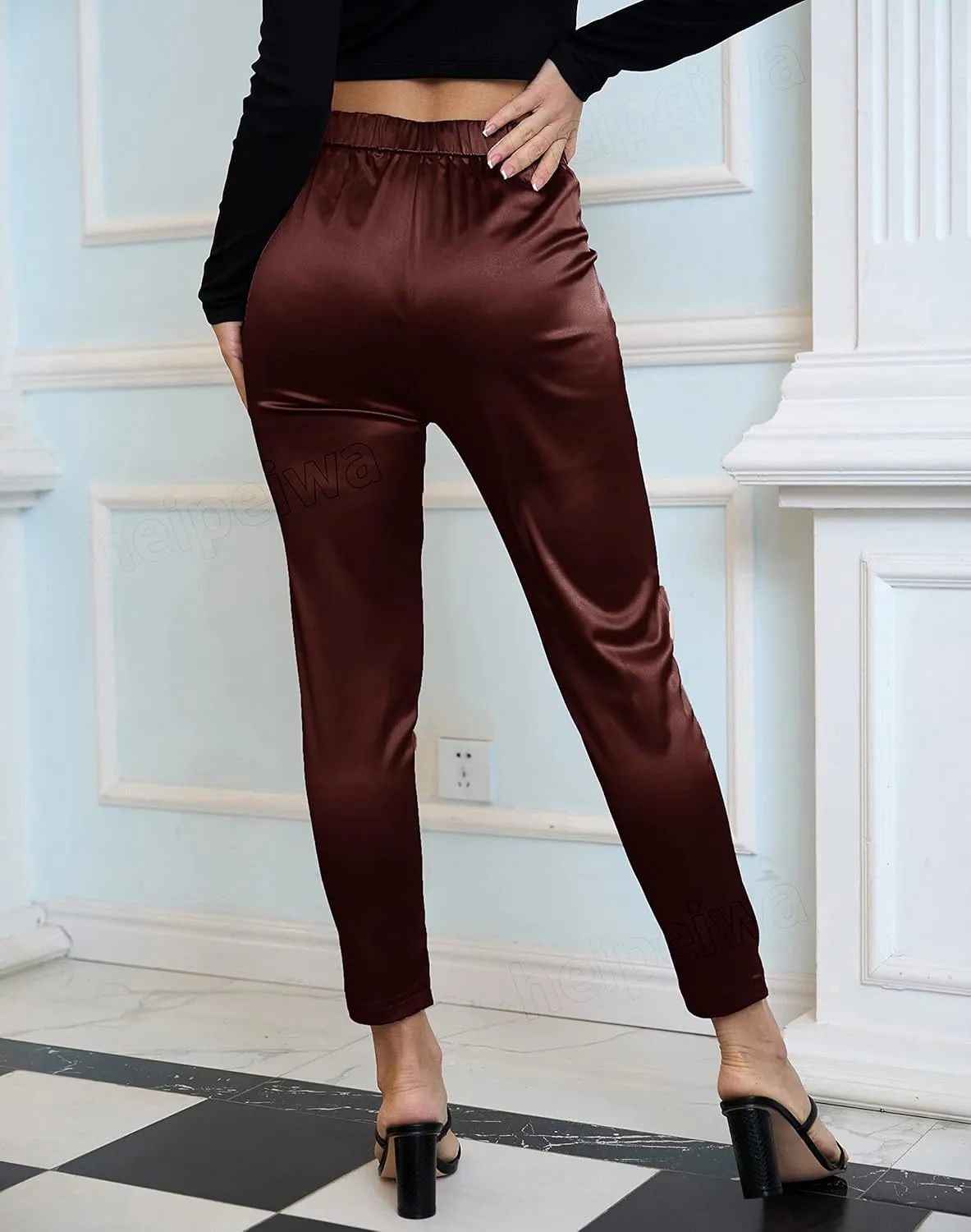 heipeiwa Women's Satin Pants Dress Casual Pleated Pull on High Waist Pants with Pockets