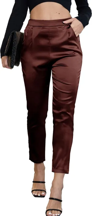 heipeiwa Women's Satin Pants Dress Casual Pleated Pull on High Waist Pants with Pockets