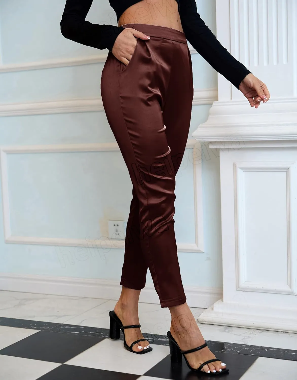 heipeiwa Women's Satin Pants Dress Casual Pleated Pull on High Waist Pants with Pockets