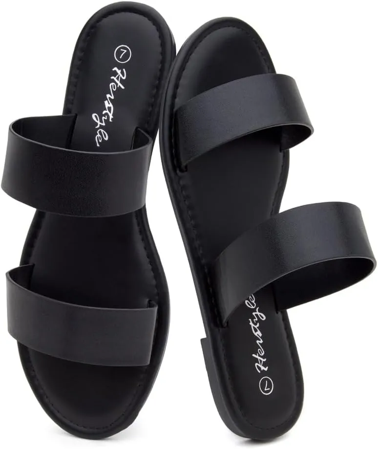 Herstyle Women’s Flat Sandals – Slip-On Double Strap Slides with Memory Foam, Trendy 2025 Summer Shoes, Lightweight Open Toe Dressy & Casual Sandals for Women