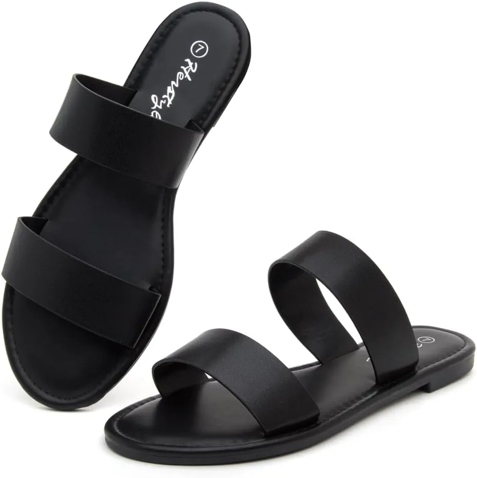 Herstyle Women’s Flat Sandals – Slip-On Double Strap Slides with Memory Foam, Trendy 2025 Summer Shoes, Lightweight Open Toe Dressy & Casual Sandals for Women