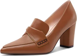 HEUIVZAR Womens Chunky Block Mid Heel Pumps Pointed Toe Slip-on Loafers Shoes Dress Office Casual 3.2 Inches Heels