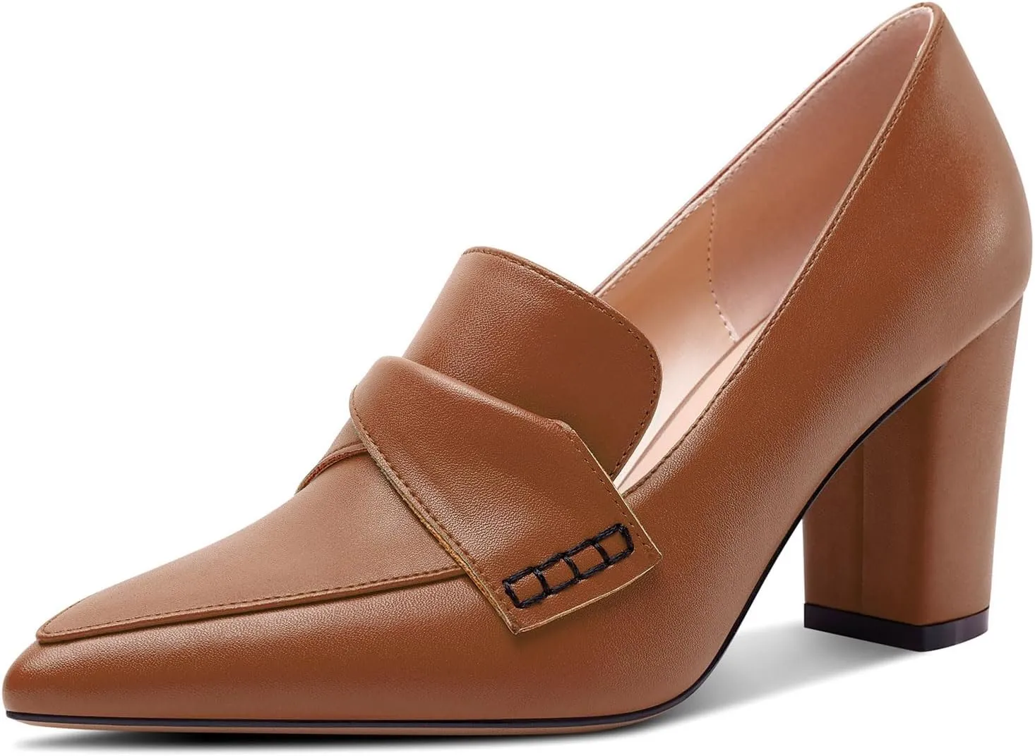 HEUIVZAR Womens Chunky Block Mid Heel Pumps Pointed Toe Slip-on Loafers Shoes Dress Office Casual 3.2 Inches Heels