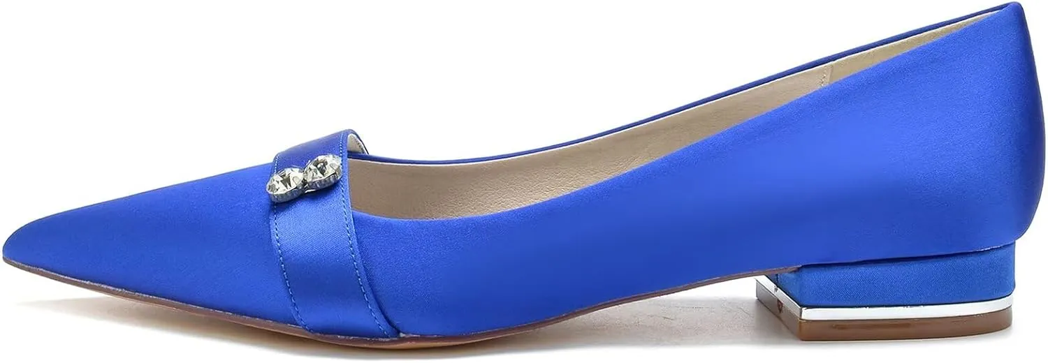 HNVAVQ Low Heel Wedding Shoes Elegant Pointed Toe Satin Dress Flats Shoes with Rhinestones Slip on Ballet Flats