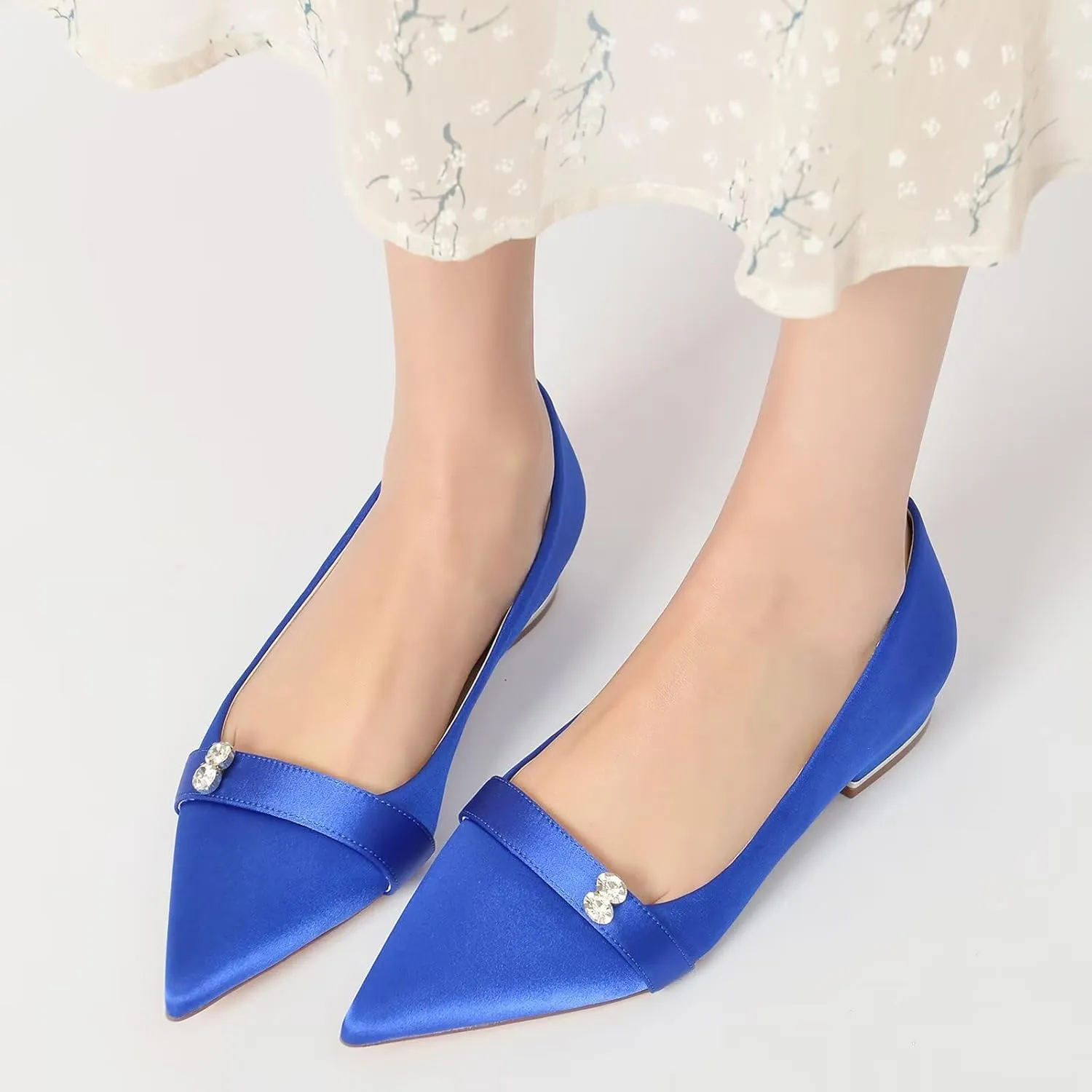 HNVAVQ Low Heel Wedding Shoes Elegant Pointed Toe Satin Dress Flats Shoes with Rhinestones Slip on Ballet Flats