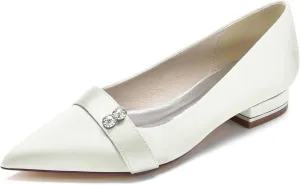 HNVAVQ Low Heel Wedding Shoes Elegant Pointed Toe Satin Dress Flats Shoes with Rhinestones Slip on Ballet Flats