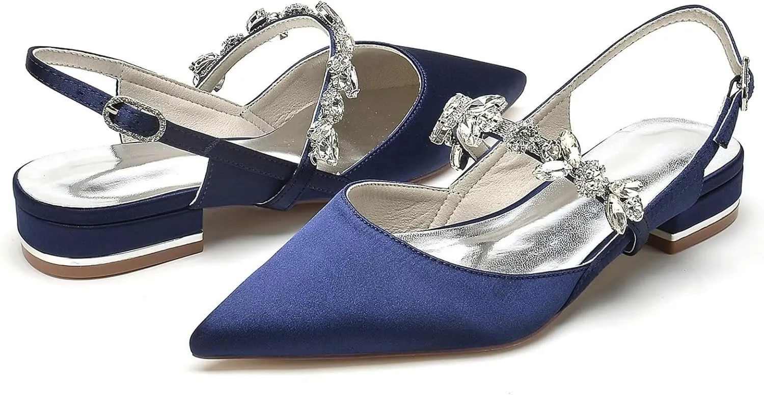 HNVAVQ Women's Pumps Shoes Pointed Toe Low Heels Closed Toe Flats Wedding Party Dress Sandals Satin Flat Shoes for Bride