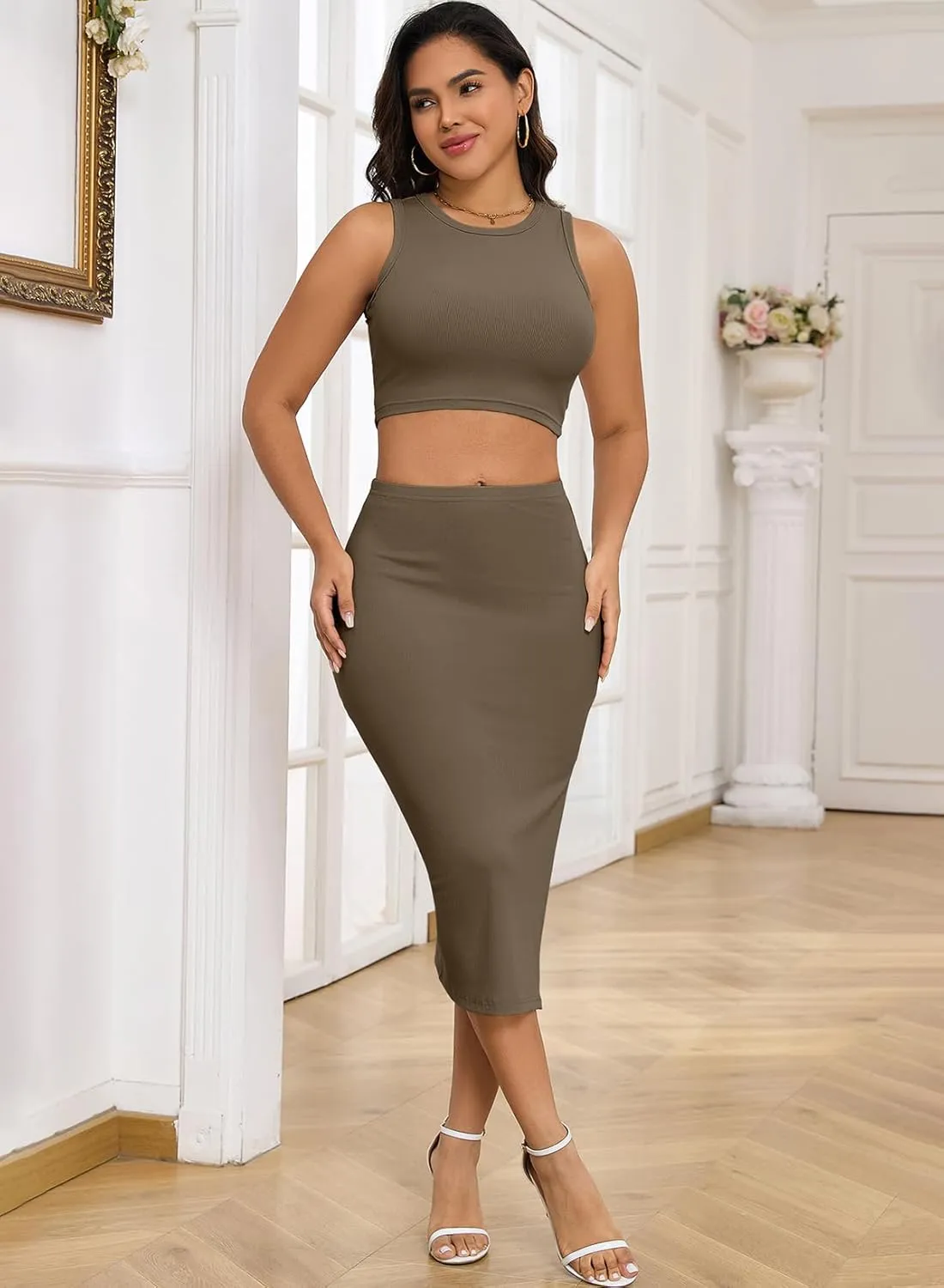 HUUSA 2 Piece Dress for Women Sexy Sleeveless Slim Bodycon Split Midi Dresses Casual Crewneck Tank Tops High Waist Skirt Sets
