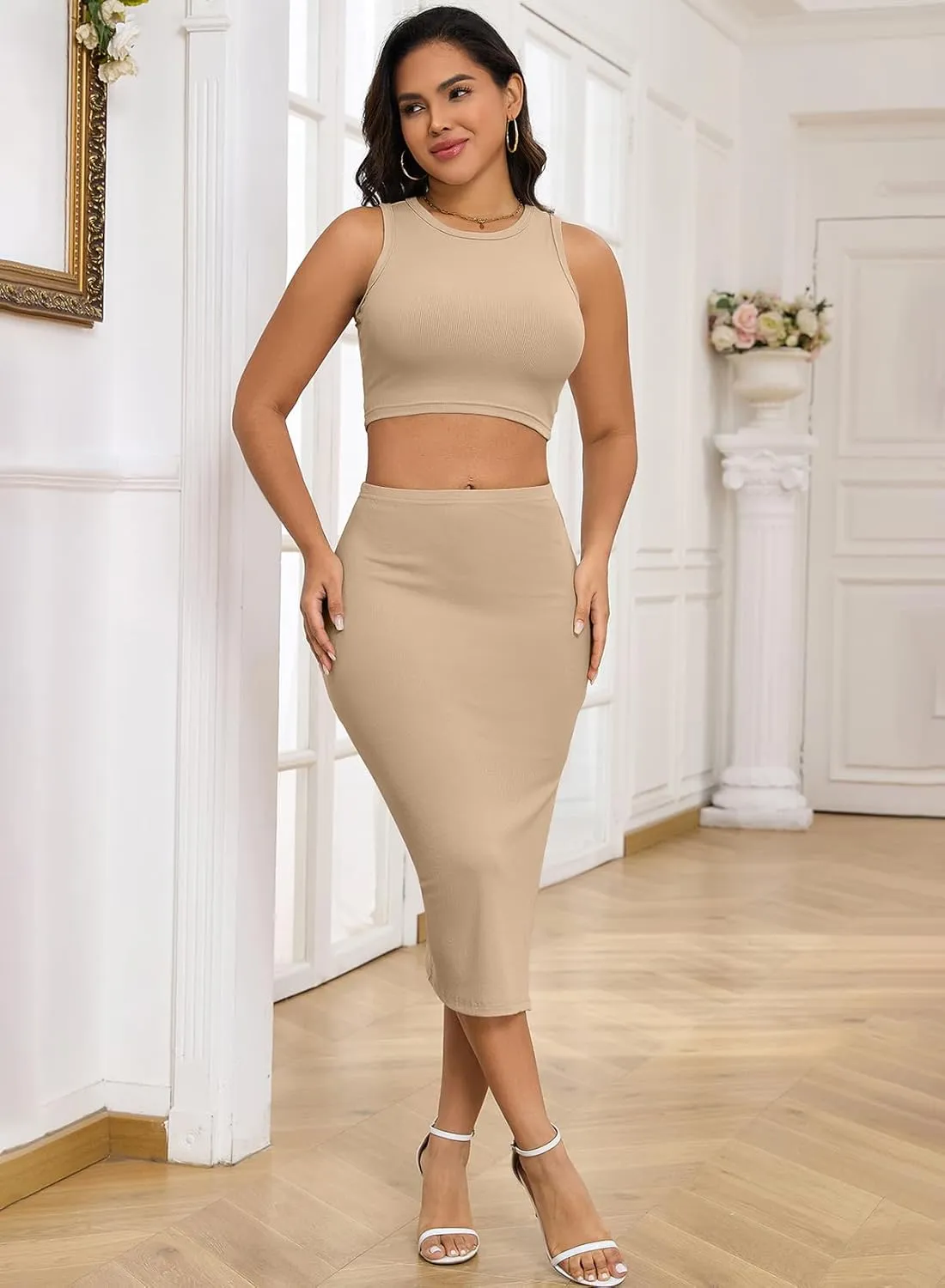 HUUSA 2 Piece Dress for Women Sexy Sleeveless Slim Bodycon Split Midi Dresses Casual Crewneck Tank Tops High Waist Skirt Sets