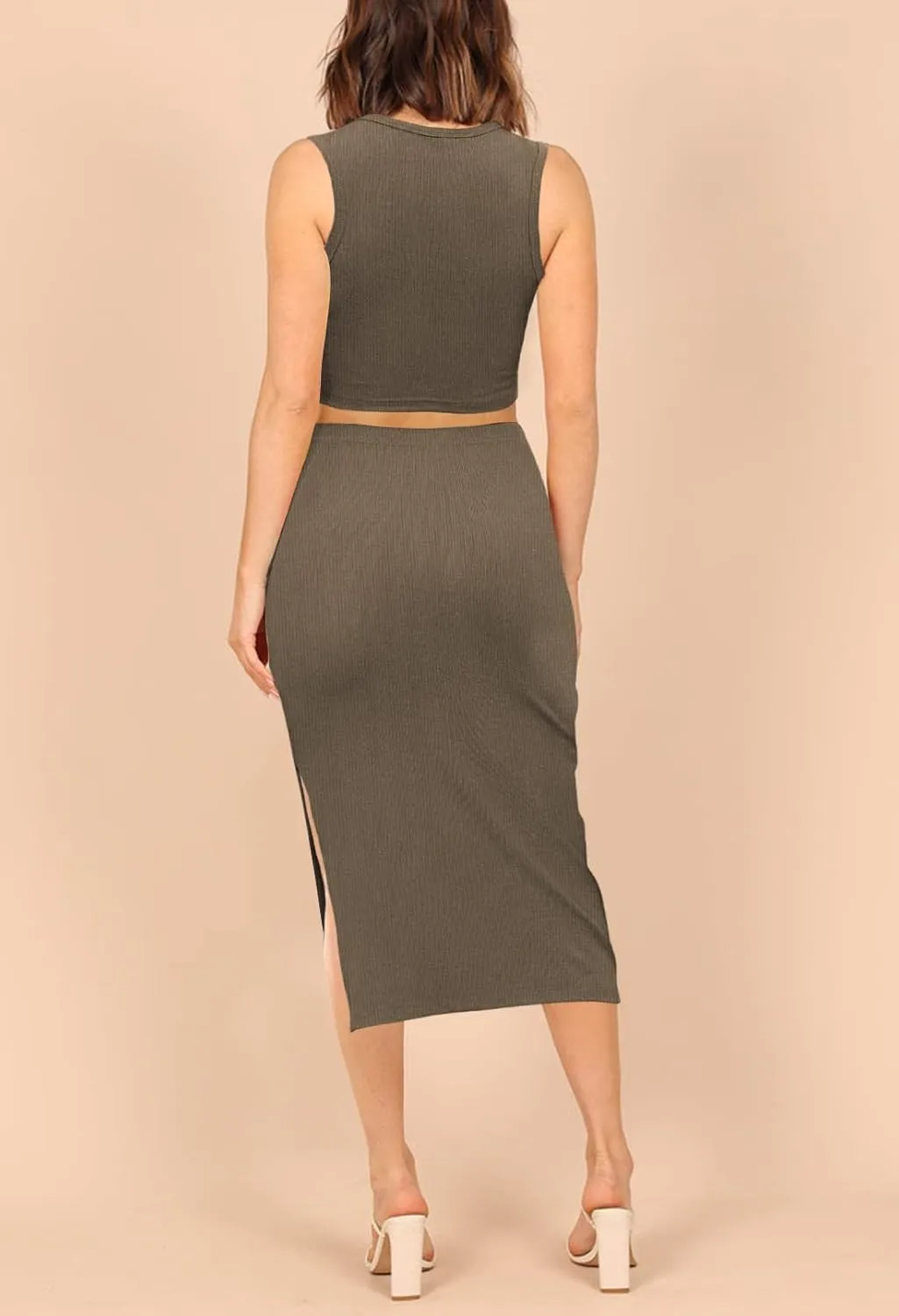 HUUSA 2 Piece Dress for Women Sexy Sleeveless Slim Bodycon Split Midi Dresses Casual Crewneck Tank Tops High Waist Skirt Sets