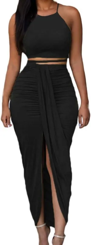 HUUSA Women's Sexy 2 Piece Skirt Sets Elegant Bodycon Maxi Dress Sleeveless Tank Shirt Tops High Waist Ruched Slit Long Dress