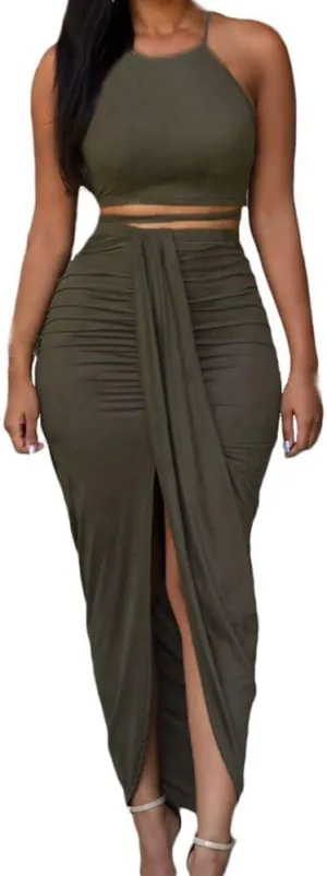 HUUSA Women's Sexy 2 Piece Skirt Sets Elegant Bodycon Maxi Dress Sleeveless Tank Shirt Tops High Waist Ruched Slit Long Dress