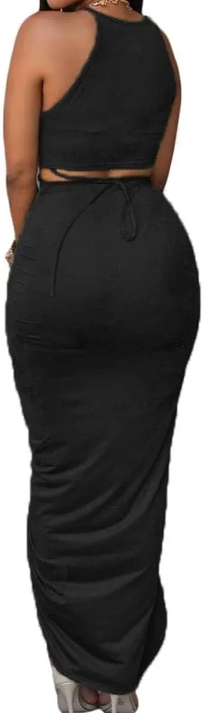 HUUSA Women's Sexy 2 Piece Skirt Sets Elegant Bodycon Maxi Dress Sleeveless Tank Shirt Tops High Waist Ruched Slit Long Dress