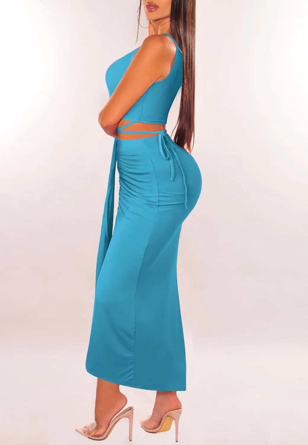 HUUSA Women's Sexy 2 Piece Skirt Sets Elegant Bodycon Maxi Dress Sleeveless Tank Shirt Tops High Waist Ruched Slit Long Dress