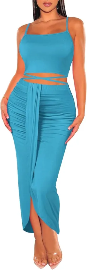 HUUSA Women's Sexy 2 Piece Skirt Sets Elegant Bodycon Maxi Dress Sleeveless Tank Shirt Tops High Waist Ruched Slit Long Dress