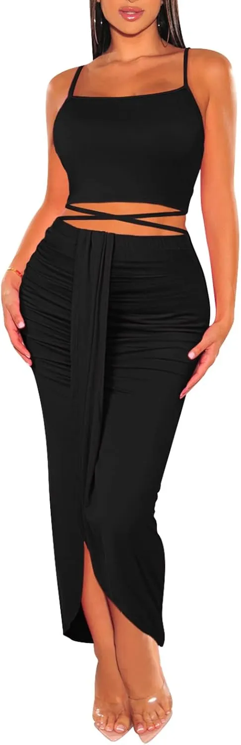 HUUSA Women's Sexy 2 Piece Skirt Sets Elegant Bodycon Maxi Dress Sleeveless Tank Shirt Tops High Waist Ruched Slit Long Dress