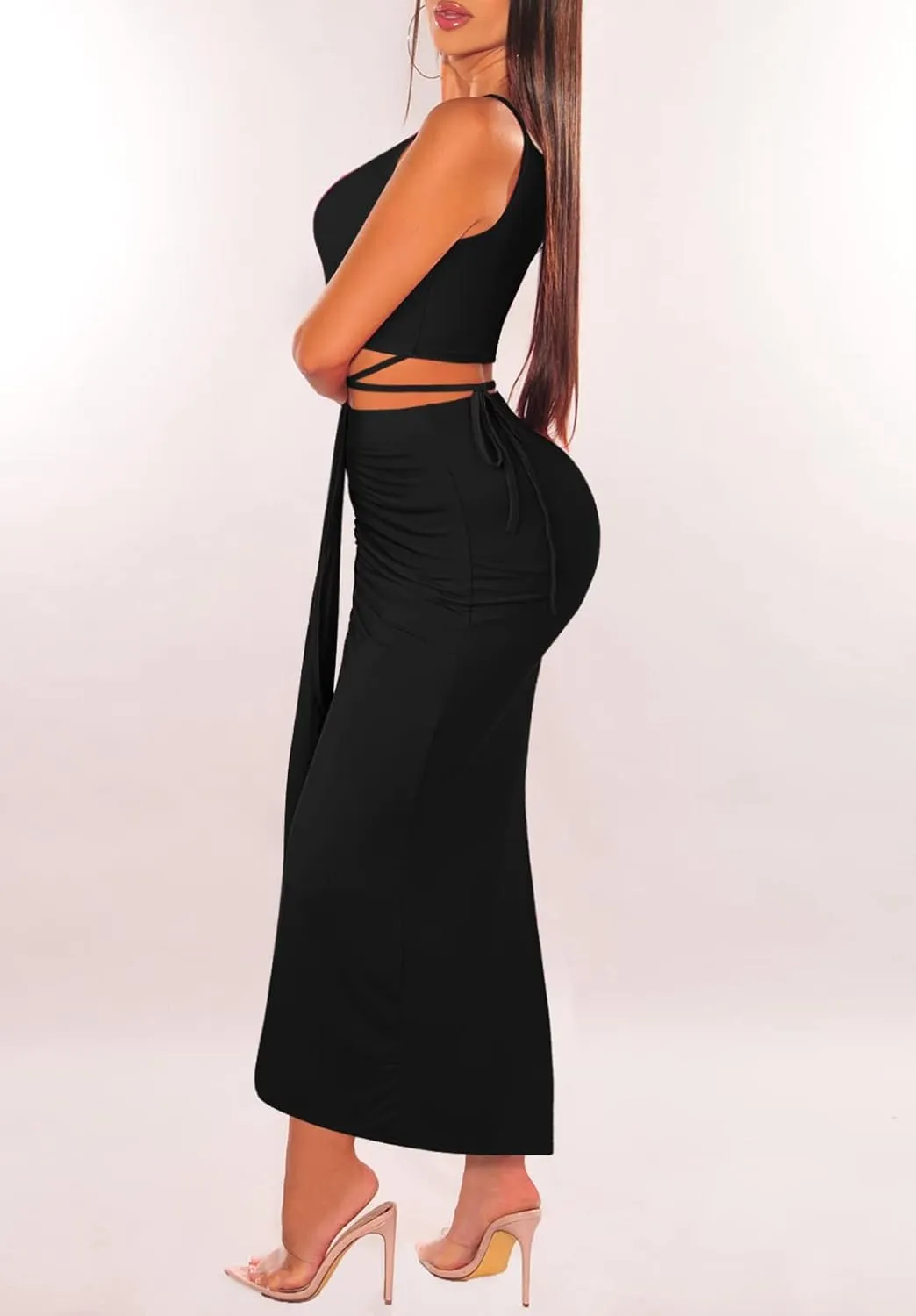 HUUSA Women's Sexy 2 Piece Skirt Sets Elegant Bodycon Maxi Dress Sleeveless Tank Shirt Tops High Waist Ruched Slit Long Dress