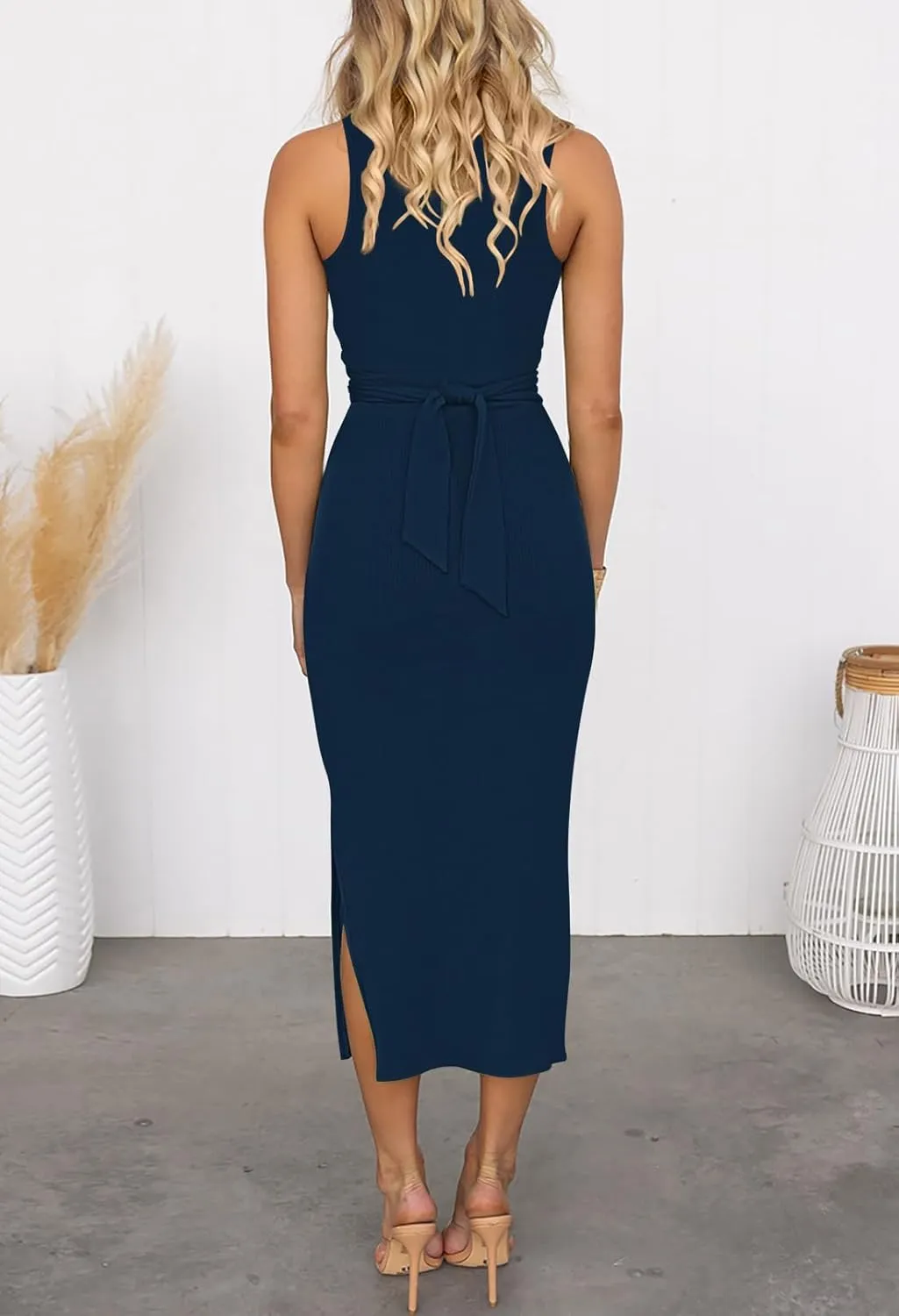 HUUSA Women's Sexy Sleeveless Cut Out Slim Bodycon Dress Crewneck Crisscross Twist Ruched Slit Ribbed Knit Tank Midi Dress