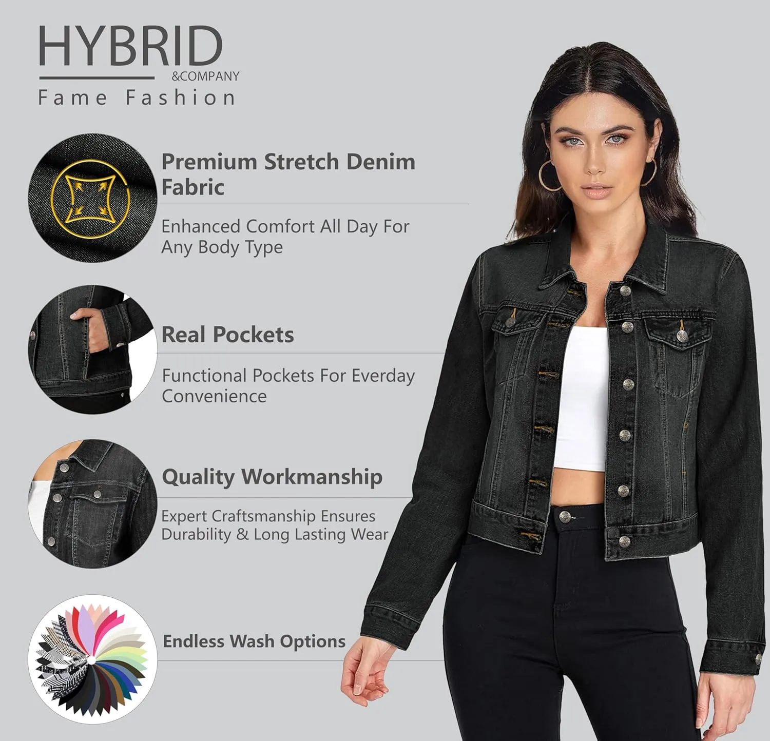 Hybrid & Company Women's Long Sleeve Denim Jackets Basic Button Down Jean Jacket with Pockets