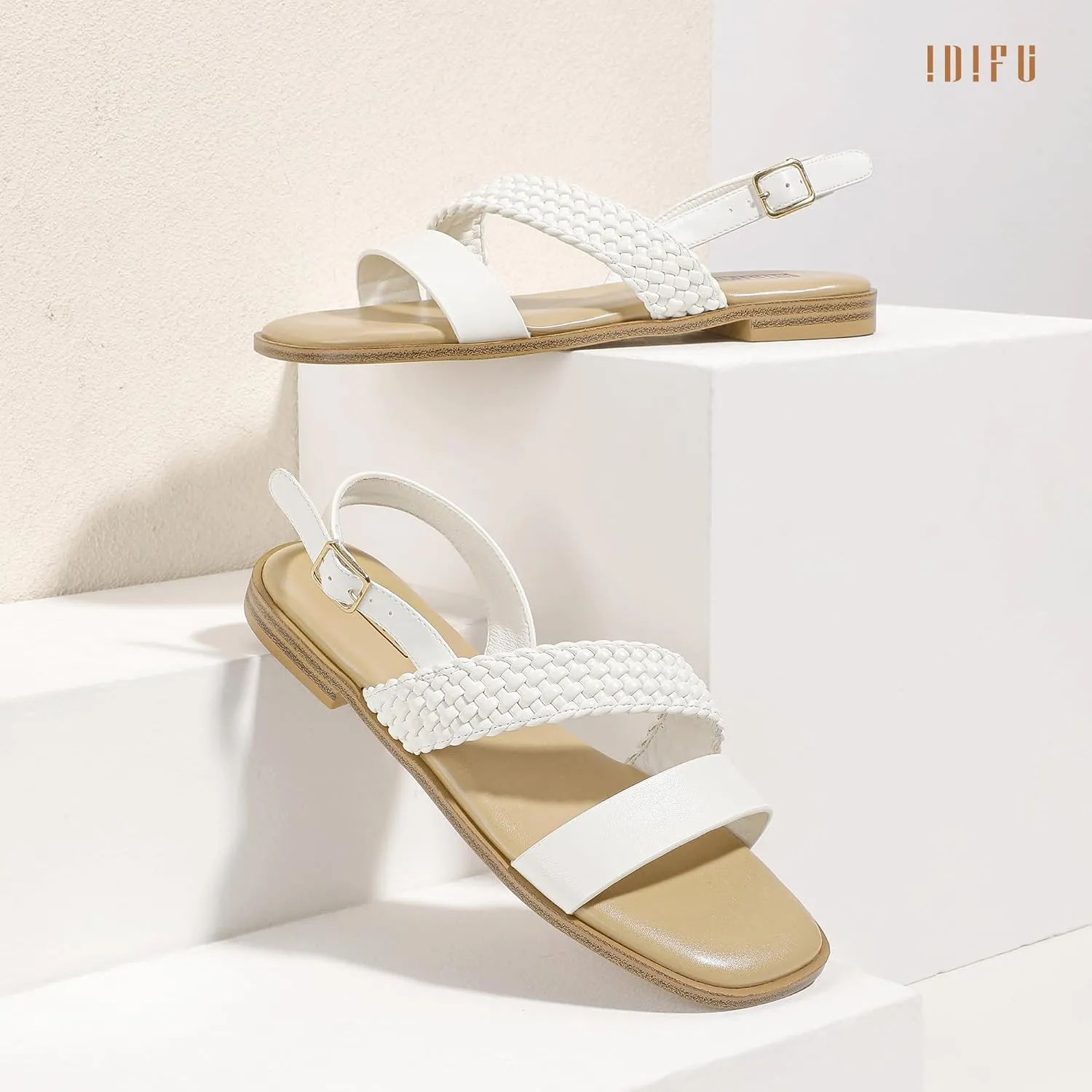 IDIFU Flat Braided Strappy Sandals for Women Square Open Toe Slingback with Buckle Adjustable Back Strap Women's Summer Beach Wedding Comfortable Cute Dressy Tendy Dress Sandals for Ladies Brides