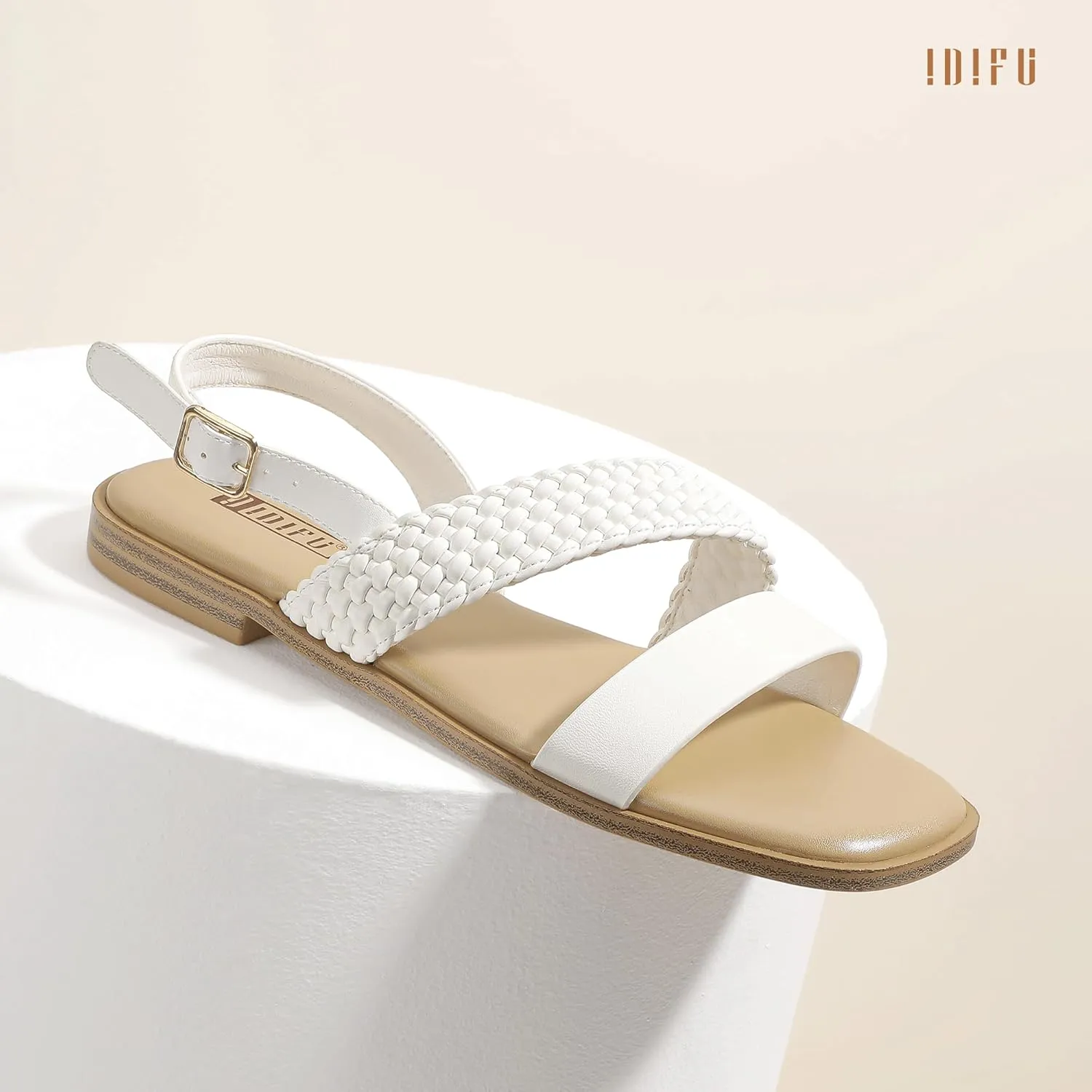 IDIFU Flat Braided Strappy Sandals for Women Square Open Toe Slingback with Buckle Adjustable Back Strap Women's Summer Beach Wedding Comfortable Cute Dressy Tendy Dress Sandals for Ladies Brides