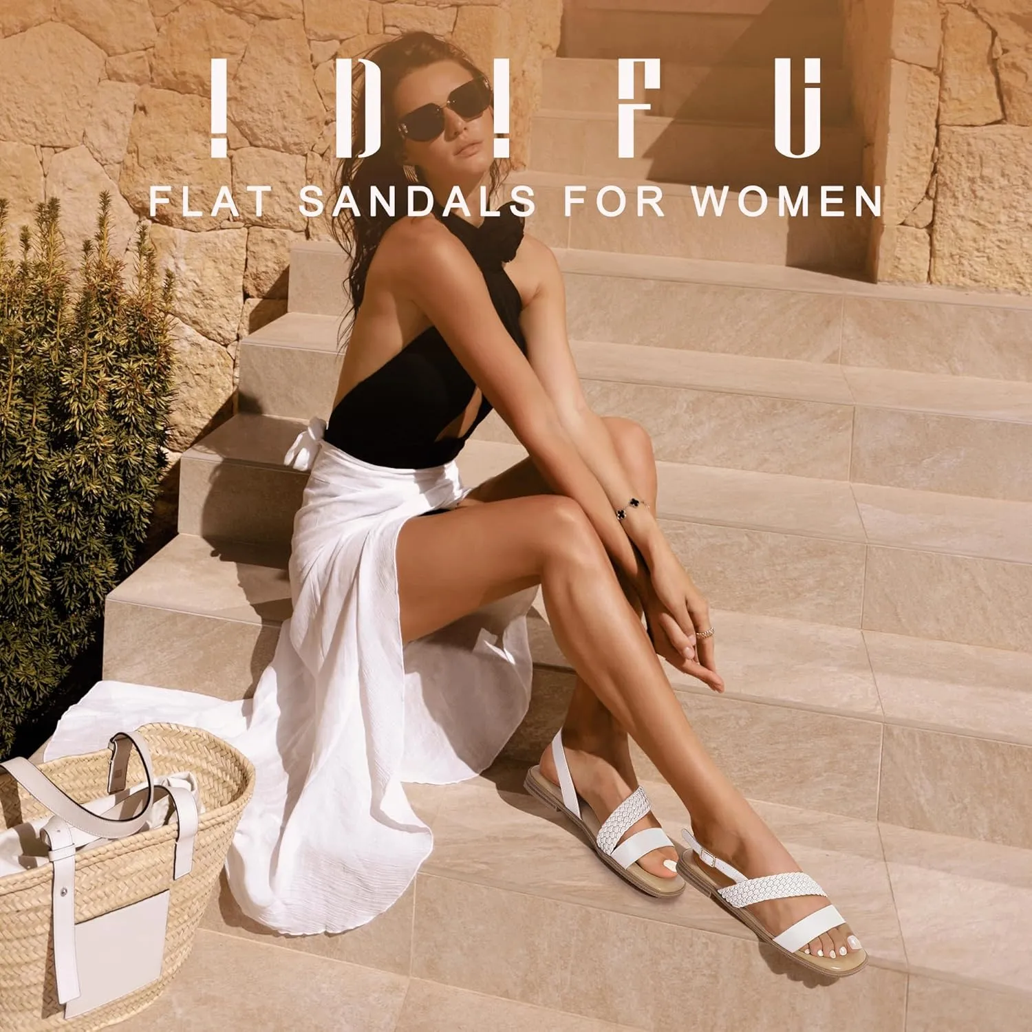 IDIFU Flat Braided Strappy Sandals for Women Square Open Toe Slingback with Buckle Adjustable Back Strap Women's Summer Beach Wedding Comfortable Cute Dressy Tendy Dress Sandals for Ladies Brides