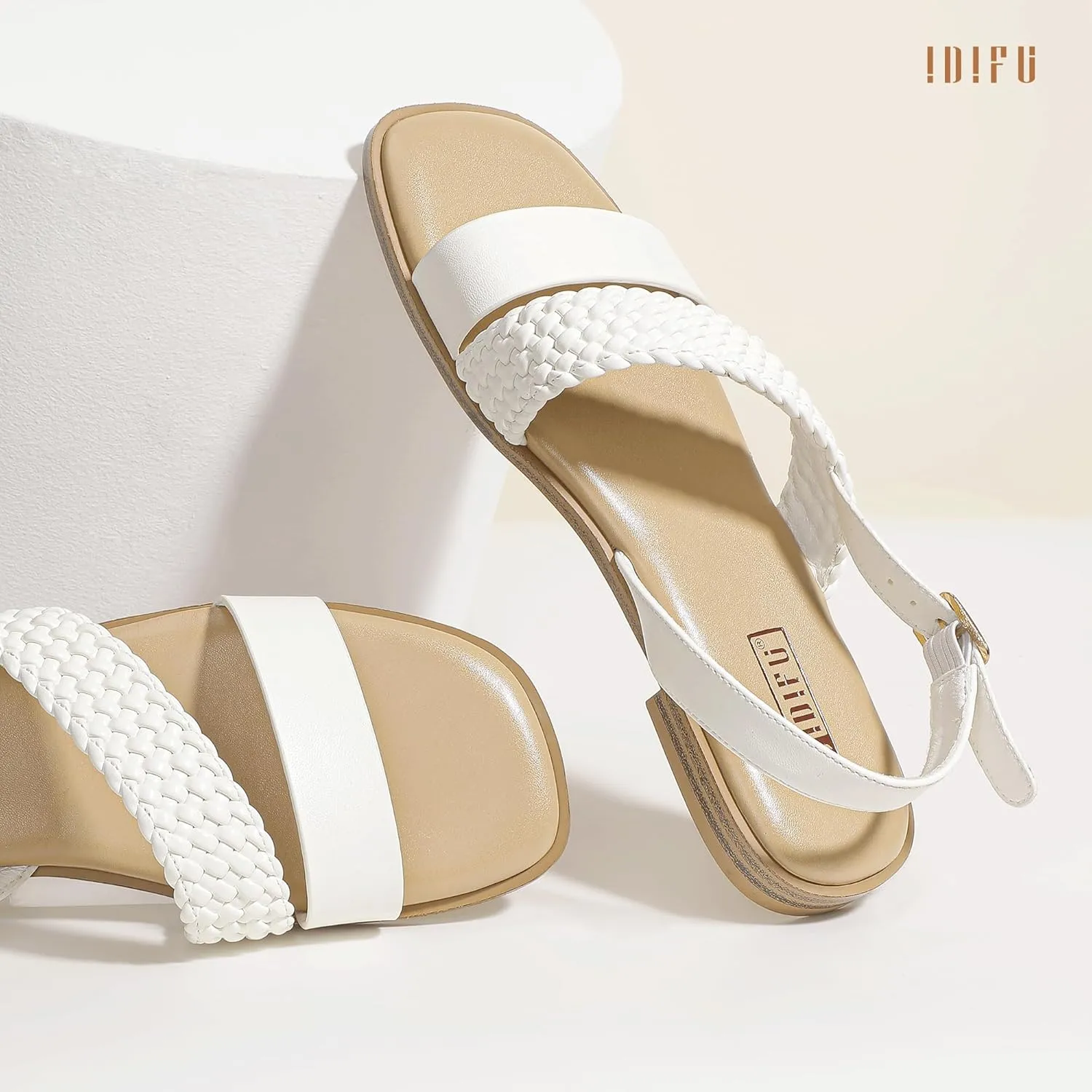 IDIFU Flat Braided Strappy Sandals for Women Square Open Toe Slingback with Buckle Adjustable Back Strap Women's Summer Beach Wedding Comfortable Cute Dressy Tendy Dress Sandals for Ladies Brides