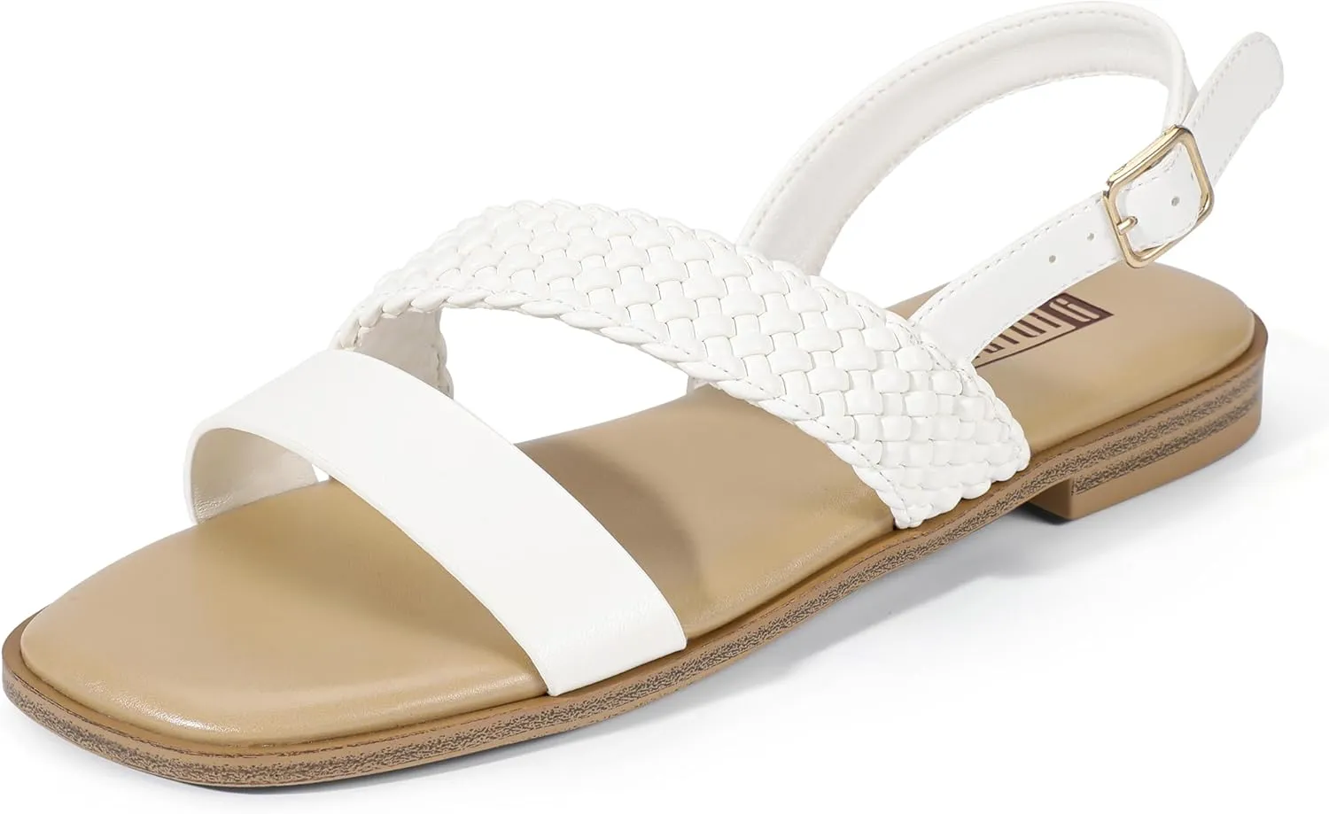 IDIFU Flat Braided Strappy Sandals for Women Square Open Toe Slingback with Buckle Adjustable Back Strap Women's Summer Beach Wedding Comfortable Cute Dressy Tendy Dress Sandals for Ladies Brides
