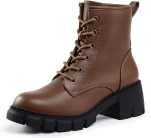 IDIFU IN2 Combat Boots Womens Ankle Boots Low Block Heel Fashion Chunky Short Platform Dress Boots for Women Round Toe Lace Up Boots Ladies Comfortable Cute Stylish Casual Work Lug Sole Booties