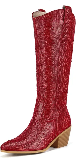 IDIFU IN3 Rhinestone Cowboy Boots For Women Knee High Western Cowgirl Boots Pointed Toe Block Chunky Heels Sparkly Glitter Long Tall Dress Booties Party Bling Shiny Boots